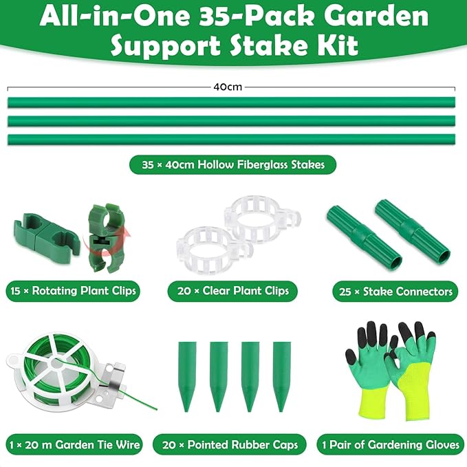 117 PCS Garden Stakes, Fiberglass Tomato Stakes, Garden Sticks with Accessories, 35 Sets DIY 4ft, 5ft, 6ft, 7ft Plant Stakes, Plant Sticks Supports for Indoor Outdoor Plants Tomato, Vegetables, Pepper