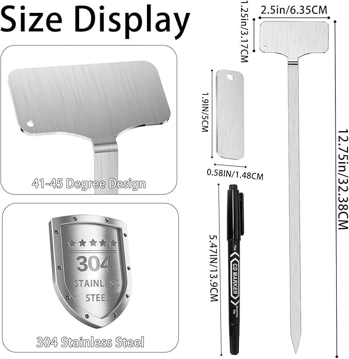 304 Stainless Steel Plant Markers, 20 Waterproof Metal Plant Label Stakes with 20 Tag Buckles & Marker Pen, 12.75" Garden Markers for Outdoor Indoor Plants Identification.