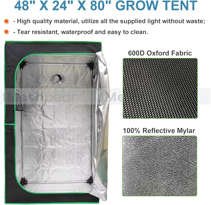Grow Tent Kit Complete System High Reflective Mylar Indoor Grow Tent Hydroponics Growing Tent with Full Spectrum LED Grow Light Observation Window, Ventilation Fan,Carbon Filter (48"x24"x80")