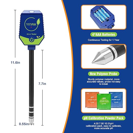 YINMIK Soil Test Kits, pH Moisture Meter for Plant, Smart Soil pH Tester, Digital Soil pH Meter, 8 in 1 Soil Meter - pH Moisture EC Fertility Salt Light Air Humidity Temp Meter for Outdoor, Garden