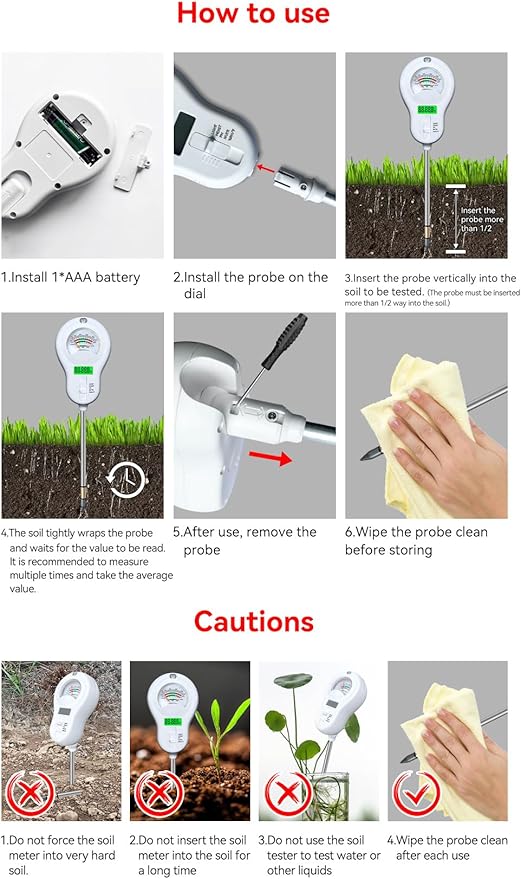 6-in-1 Soil Moisture Meter, PH Tester, Soil Moisture, Fertility, Sunshine Intensity, Temperature, Humidity, with Removable Probe for Gardens, Lawns, Farms (Including 1*AAA Batteries) (3)