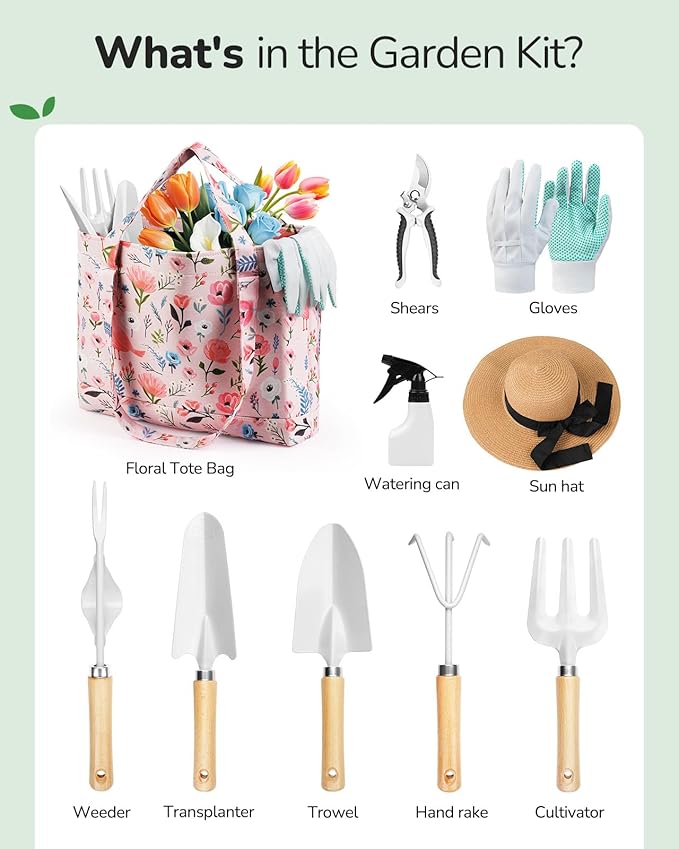Grenebo Gardening Tools, 10-Piece Gardening Gift Set for Women, Rust-Proof & Heavy-Duty Tools with Floral Organizer Bag, Fashionable & Thoughtful Gift for Garden Women (Pink White)