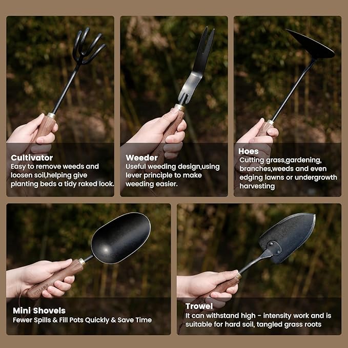 ROYTOA Garden Tool Set, 5PCS Gardening Tools, Stainless Steel Heavy Duty Hand Cultivator, Hoes, Shovel, Trowel and Weeder with Ergonomic Walnut Handle, Gardening Gifts for Women