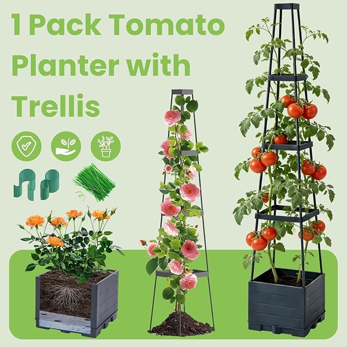 Lancisism Raised Garden Bed Tomato Planter with Trellis - 57" Self Watering Planters Box for Climbing Plants Vegetables Flowers - Garden Tomato Pots with Cage for Patio Greenhouse Indoor Outdoor
