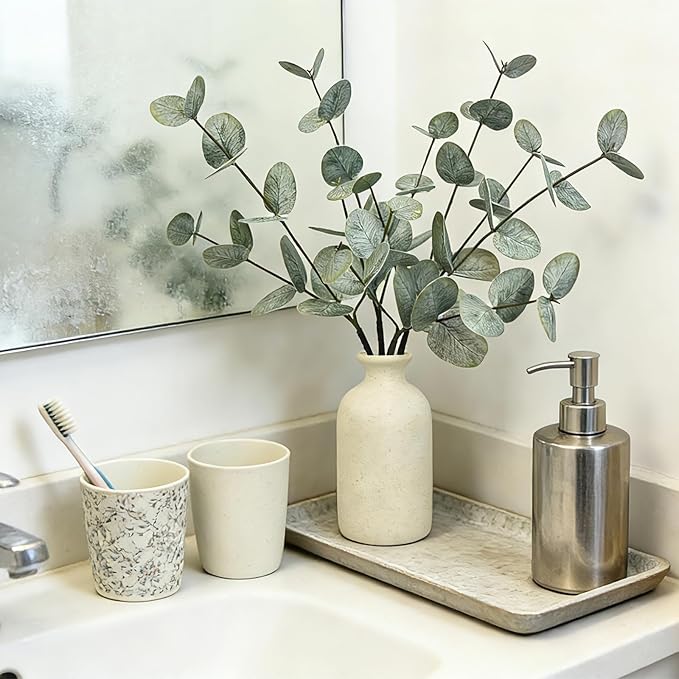 4PCS Artificial Eucalyptus Stems in Ceramic Pot, 15" Fake Plant Green Artificial Plant Indoor Faux Greenery Eucalyptus Bathroom Decor for House Office Desk