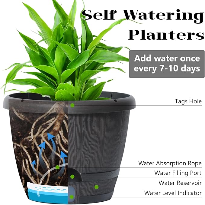 SUN-E 10 Inch Self Watering Planter Pots 3Pack-Dark Brown Realistic Wood Grain with Water Level Indicator, Drainage Holes&Saucer Whiskey Barrel Planters Plastic Flower Pots,Plants & Decor Not Included
