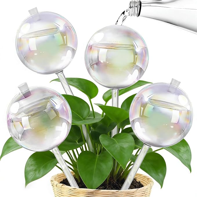 20oz Glass Watering Globes for Plants, 4 Pack Iridescent Self-Watering Bulbs, Top-Fill Opening with Rubber Stopper, Angle-Control Slow Drip, Includes Soil Starter Stick, Indoor Outdoor Vacation Care