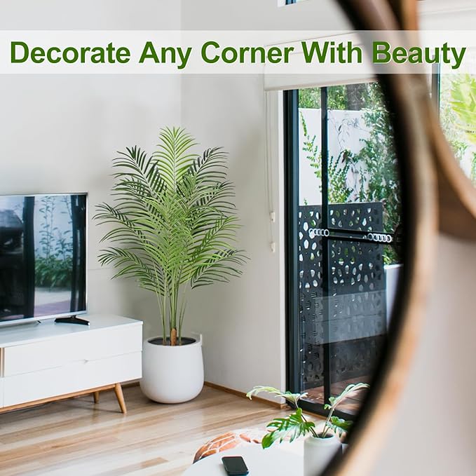 5ft Artificial Palm Tree Indoor Plant Tall Fake Tropical Paradise Palm Tree in Pot with Real Bark Design Faux Areca Palm Tree for Home Office Living Room Bedroom Farmhouse Modern Decor 1pcs