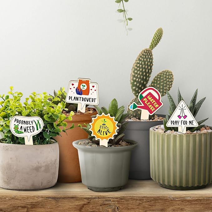JUYRLE Funny Wooden Plant Labels - 15 Pack Tags for Succulents, Flowers, Greenery; Waterproof, Outdoor Garden Plant Markers; Perfect Gifts for Plant Lovers