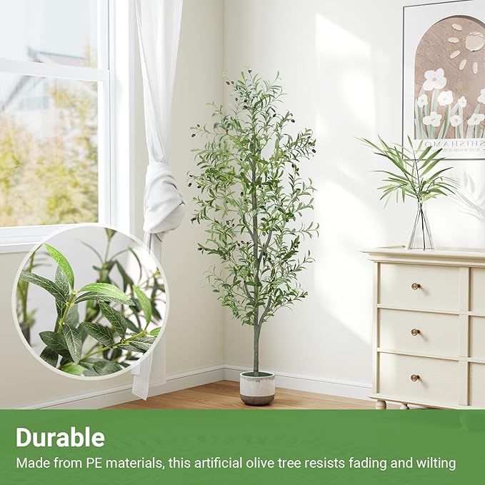 6 FT Faux Olive Tree Indoor, Tall Artificial Silk Olive Tree 6 FT, Large Indoor Fake Olive Trees with Realistic Leaves, Branches, Fruits, Faux Olive Trees Artificial Plants for Home (6 Feet)