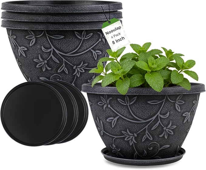 Nooulap 4 Pack 8 Inch Flower Pots for Outdoor Indoor, Plastic Plant Pots with Drainage Hole & Saucer, Lightweight Small Resin Flower Pot, Imitation Magnolia Pots for Garden House planters（Gray）