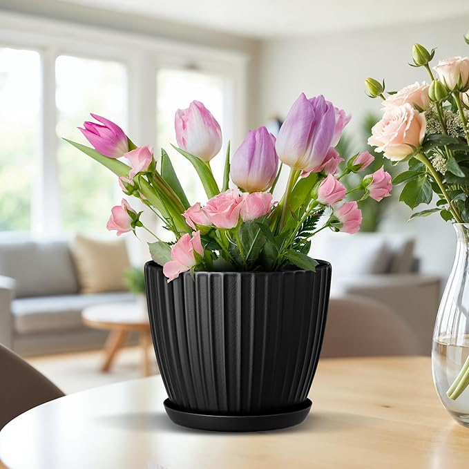 Black 6-Inch Plant Pots with Drainage & Saucers 3 Pack, Indoor & Outdoor Planters for Houseplants, Herbs, and Flowers, Durable & Weatherproof Material, Stackable, Lightweight, Minimalist Design
