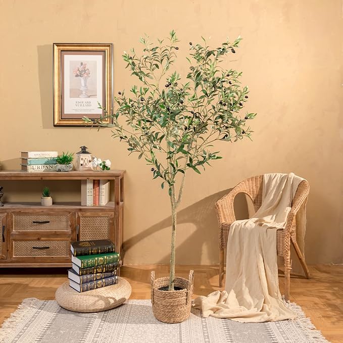 Artificial Olive Trees Silk Trees Faux Olive 7ft Tall Tree in Potted Oliver Branch Leaves and Fruits for Modern Home Decor Indoor