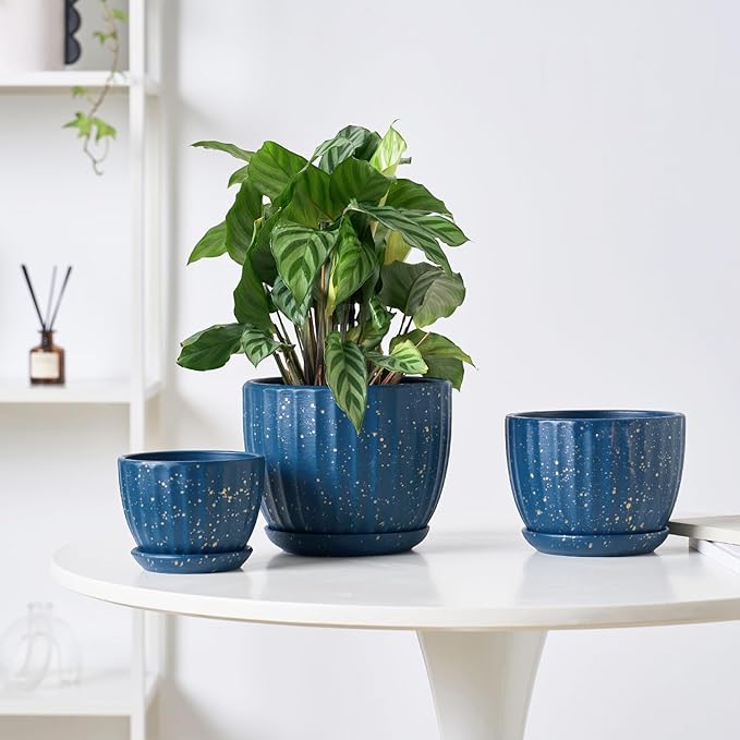 STHIE 4/5/6 Inches Ceramic Plant Pots with Drainage Holes and Saucers, Round Flower Pots for Indoor Plant, Modern Flower Planters Set of 3 (Blue with Dot-Big Size)