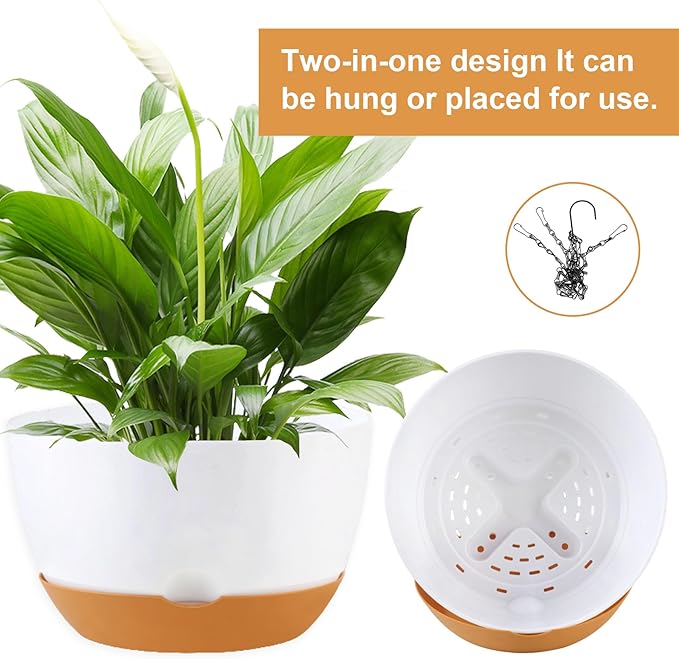KPUVX 8/10/12 inch Hanging Planters for Indoor Outdoor Plants with Self-Watering Pots, 3 Pack Plastic Hanging Basket with Removable Tray for Home Garden Porch Balcony Patio Decor(White)