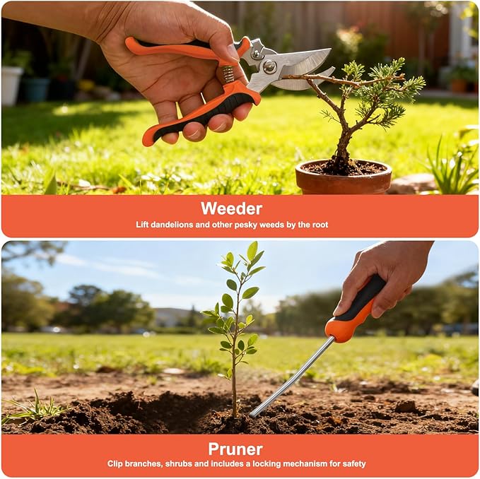 Yesker Gardening Tools 7-Piece Heavy Duty Garden Tool Set Gardening Supplies Gifts for Women Men Gardening Hand Tool Kit with Non-Slip Ergonomic Handle, Garden Bag, Pruning Shears, Black Orange