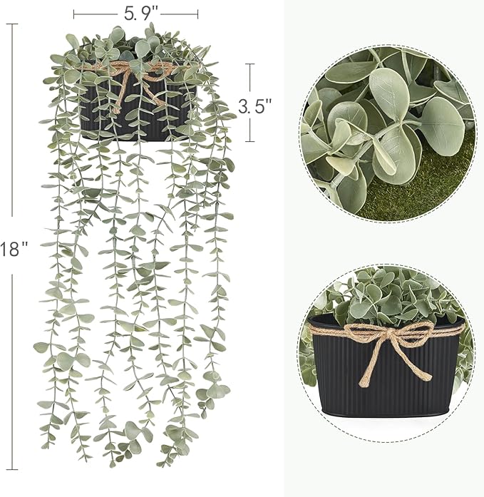 Mkono Fake Hanging Plants in Farmhouse Galvanized Pots Rustic Faux Potted Eucalyptus Greenery Indoor Artificial Plants for Book Shelf Mantel Living Room Bathroom Bedroom Home Office Decor (1, Black)