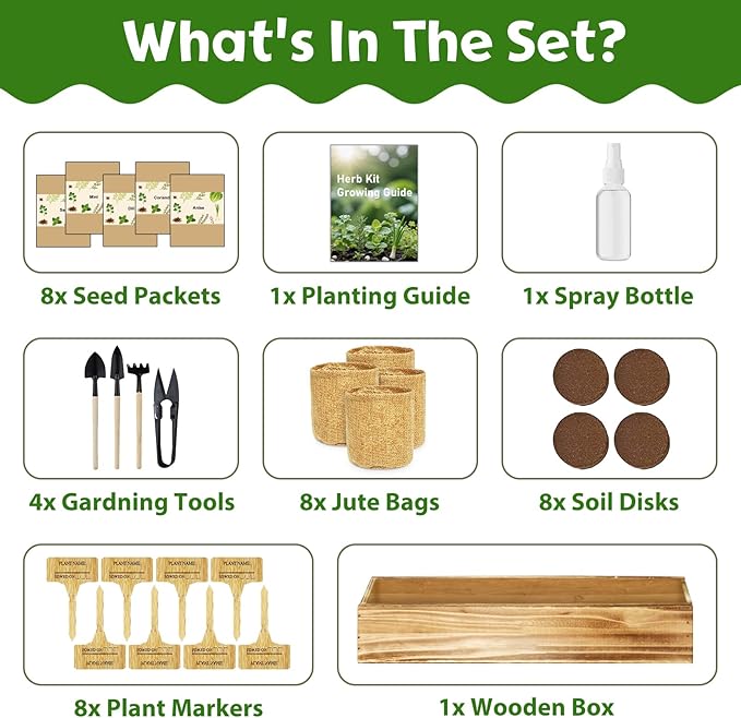 LUOJIBIE 8 Herb Indoor Garden Kit for Beginners, Complete Windowsill Growing Gifts Set with Tools, Mother's Day Gifts for Mom,Unique Christmas Birthday Gifts for Women Men Girls Kitchen Housewarming