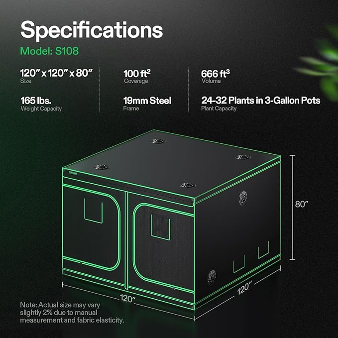 VIVOSUN S108 10x10 Grow Tent, 120"x120"x80" High Reflective Mylar with Observation Window and Floor Tray for Hydroponics Indoor Plant for VSF6450