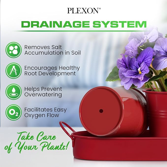 Plexon Herb Planter Indoor Garden Set of 3 with Tray, Metal Herb Pots for Indoor Plants, Round Kitchen Garden Kit Ideal for Windowsill Planter or Countertop, Red Powder Coated