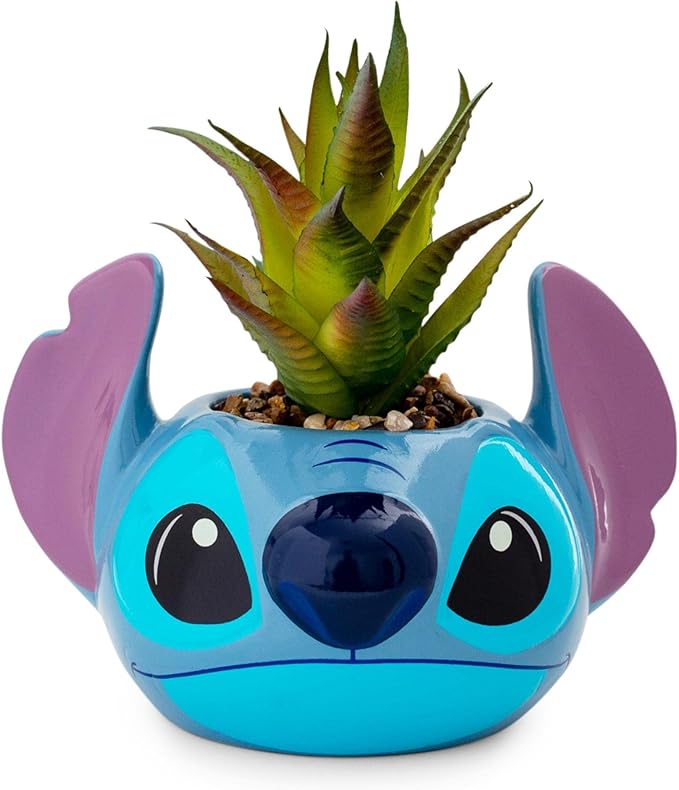 Silver Buffalo Lilo and Stitch, Stitch Face Decorative Artificial Faux Greenery Plant in Ceramic Large