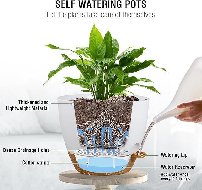 Meowell 10 inch Self Watering Hanging Planters, 2 Pack Hanging Baskets for Indoor Outdoor Plants, Hanging Flower Pots with Drainage Holes & 2 Kinds of Plant Hangers for Garden Home Décor, White Brown