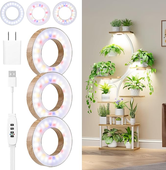 3CCT Grow Lights for Indoor Plants, 144 Full Spectrum LED Plant Light for Indoor Growing with Enhanced Red & Blue, 4/8/12H, 10 Brightness, 2 in 1 Small Ceiling Grow Light Wood Grain, 3-Head