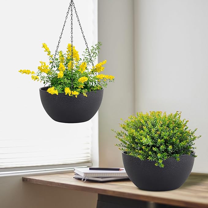 Meowell 10 inch Hanging Planters for Indoor Outdoor Plants, 2 Pack Hanging Flower Pots with Drainage Holes and Chain for Garden Porch, Round Plastic Hanging Baskets for House Plants, Black