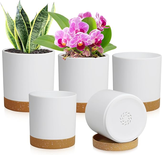 WSMKSZ 5 Pack Cylindrical Flower Pots with 7/6.5/6/5/4 inch, Modern Small Plastic Plant Pots with Drainage Holes & Saucers, Round Planter Pots for Outdoor, Indoor & Office Decor (White Brown)