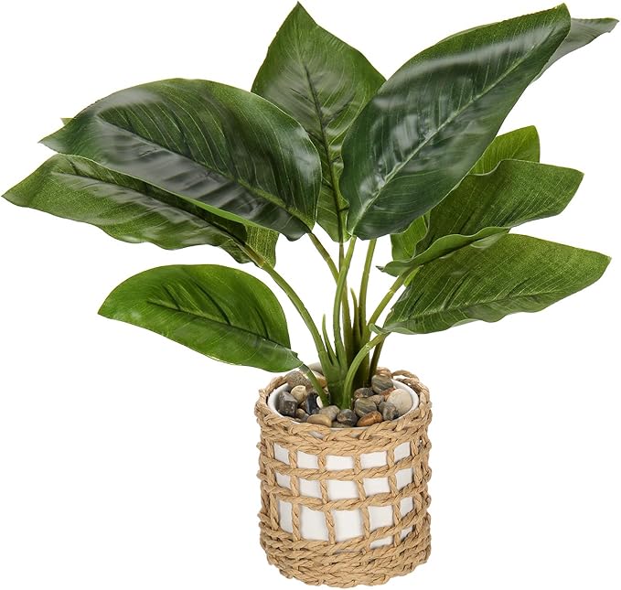 Briful Fake Plants Potted Plant Artificial Realistic Houseplant in White Ceramic Vase Wrapped Woven Pot, Fern Faux Plant Indoor for Home Farmhouse Wedding Tabletop Shelf Decor