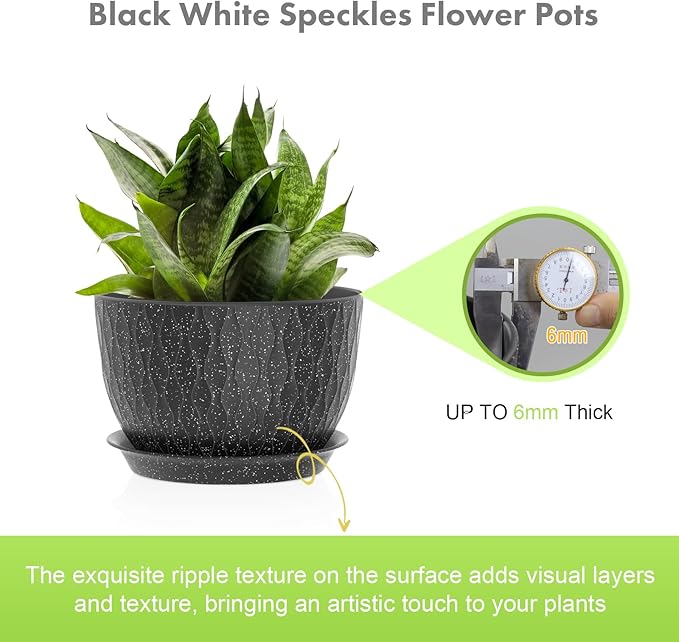 Meowell 12/10/9 inch Large Flower Pots, 3 Set Big Plant Pots for Outdoor Indoor Plants with Water Ripples, Wide Plastic Planters with Drainage Holes and Saucers for Garden House Plants, Speckled Black