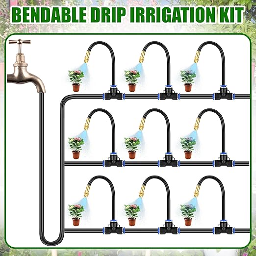 MorningRo 49 ft Drip Irrigation Kit, 5/16" Tube Automatic Watering System with 16pcs 360° Adjustable Brass Nozzles, Water Saving DIY for Garden, Lawn, Yard, Greenhouse Plants