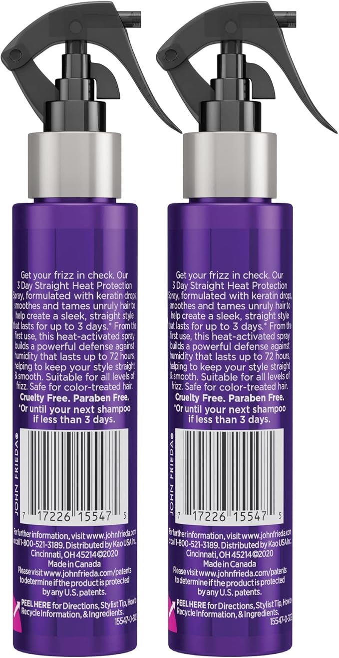 John Frieda Frizz Ease 3 Day Straight Heat Protection Spray, Keeps Hair Straight and Frizz-Free for 3 Days, Keratin-Infused Flat Iron & Styling Spray for a Smooth, Sleek Finish, 3.5 Oz, Pack of 2