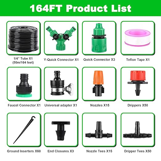 Garden Drip Irrigation Kit,164FT Greenhouse Micro Automatic Drip Irrigation System Kit with 1/4 inch Blank Distribution Tubing Hose Adjustable Patio Misting Nozzle Emitters Sprinkler