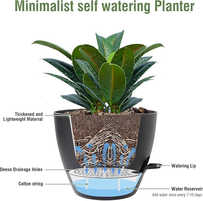 Meowell 12 inch Large Self Watering Pots for Indoor Outdoor Plants, Flower Plant Pots with Mesh Drainage Holes for Garden House, Plastic Planters with Reservoir for Home Decor, Black