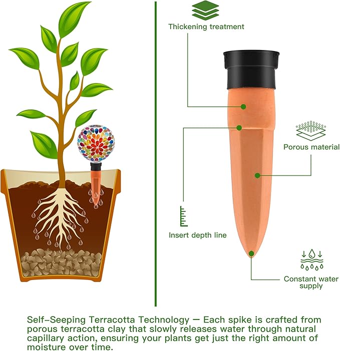 VOREEN Mosaic Plant Watering Globes with Terracotta Watering Spikes, 17oz Glass Self Watering Globes for Indoor & Outdoor Potted Plants, Decorative Water Drippers, Set of 2