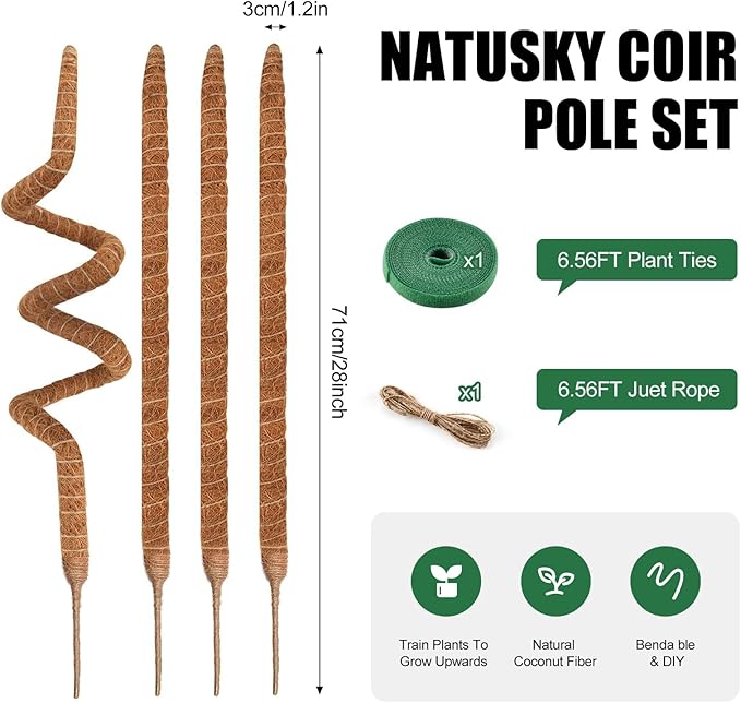 4 Pack Moss Pole, 28 Inch Bendable Moss Poles for Plants Monstera for Climbing Plants, Handmade Coco Coir Pole Plant Sticks Support Stakes for Indoor Plants Plant Grow