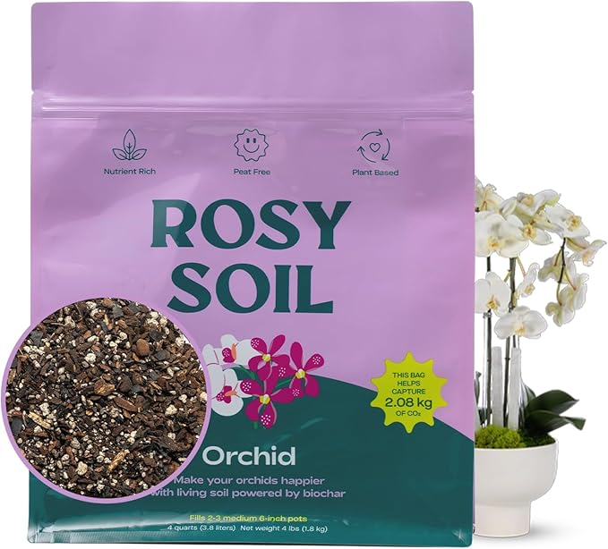 Rosy Soil Orchid Soil Potting Mix - Superior Aeration & Drainage for Orchids - Peat-Free, Microbially Active Biochar Powered Soil for Orchid Plants - Ideal for Indoor Gardening - 4 Quarts