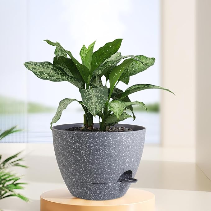 Meowell 12 inch Large Self Watering Pots, Plant Pots with Mesh Drainage Holes for Indoor Outdoor Plants, Plastic Planters with Deep Reservoir for Garden House Flower Plants, Speckled Grey