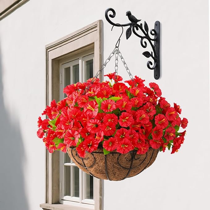 Homsunny Artificial Fake Hanging Flowers Plants with Basket for Outdoor - Fake Petunias Flowers Fake Silk Morning Glory Planter for Outside Porch Patio Balcony Garden Spring Summer Decor(Rose red)