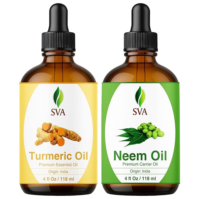 SVA Neem Oil 4 oz and Turmeric Oil 4 oz Bundle Super Saver Combo – Premium Grade Value Set for Hair Oiling, Scalp Massage, Hair Care, Skin Care and Body Massage