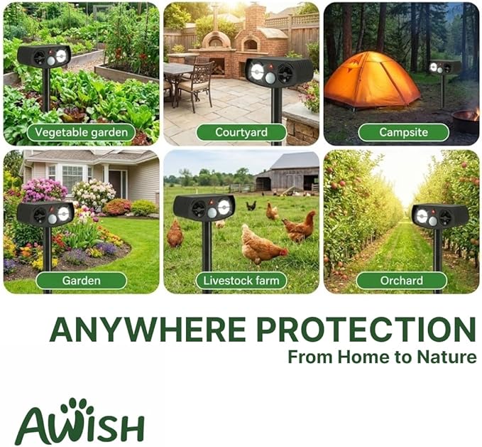 AWISH Solar Ultrasonic Animal Repeller Outdoor, Motion Sensor Waterproof Pest Deterrent, Raccoon Skunk Fox Squirrel Gopher Rabbit Dog Repellent for Yard Garden Farm, 40ft 120° Coverage, 2 Pack Black