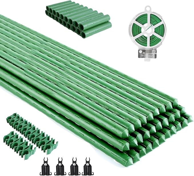 BOTINDO 72 Pcs Garden Stakes 30 Sets 16 Inch Steel Tomato Plant Stakes and Accessories, DIY 4ft 5ft 6ft 7ft Plant Stakes Sticks Supports for Outdoor, Gardening, Vegetables, Pepper, Fences (16 inch)