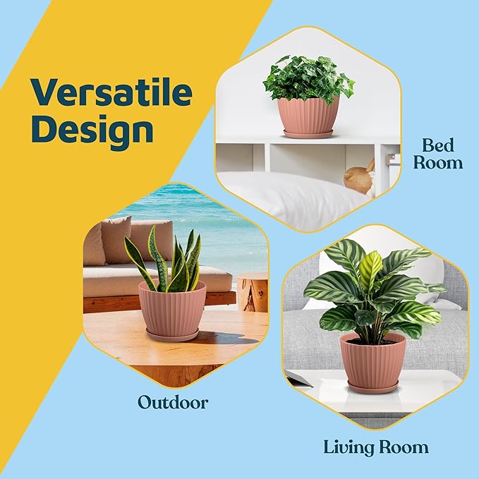 Pink 6-Inch Plant Pots with Drainage & Saucers 6 Pack, Indoor & Outdoor Planters for Houseplants, Herbs, and Flowers, Durable & Weatherproof Material, Stackable, Lightweight, Minimalist Design