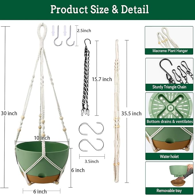 Koalaime Hanging Planter Self Watering 10 Inch, 2 Pack Indoor Outdoor Hanging Baskets, Hanging Flower Pots with Drainage Hole & 2 Kinds of Plant Hangers for Garden Home Decor(Green)…