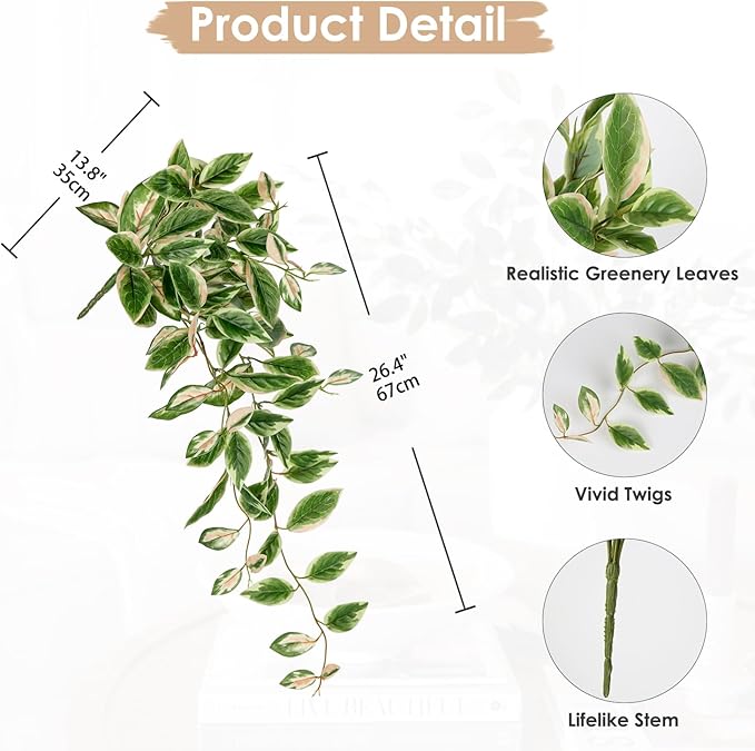 DILATATA Fake Hanging Plants Artificial Hanging Plants 92 Leaves Faux Peperomia Hanging Leaves Plants for Wall Shelf Home Indoor Outdoor Decor - 2 Pack