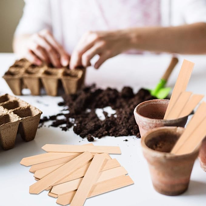 Whaline 50Pcs Wooden Plant Labels with A Marker Pen Waterproof Pointed Wooden Plant Sign Tags Garden Markers for Outdoor Indoor Garden Seed Potted Herbs Flowers Vegetables (15 x 2 cm)
