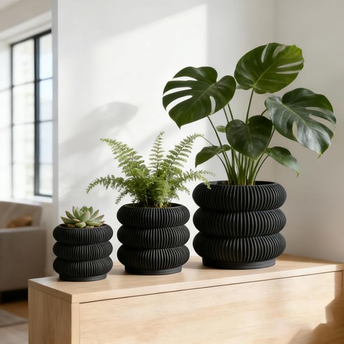 Fabix 4.7/6/8" 3D Printed Plant Pots - Unique Bubble Ring Modern Planters for Indoor Plants, Durableo-Friendly PLA Flower Pots with Drainage for Succulents, Cactus, Home Office Décor. (Black)