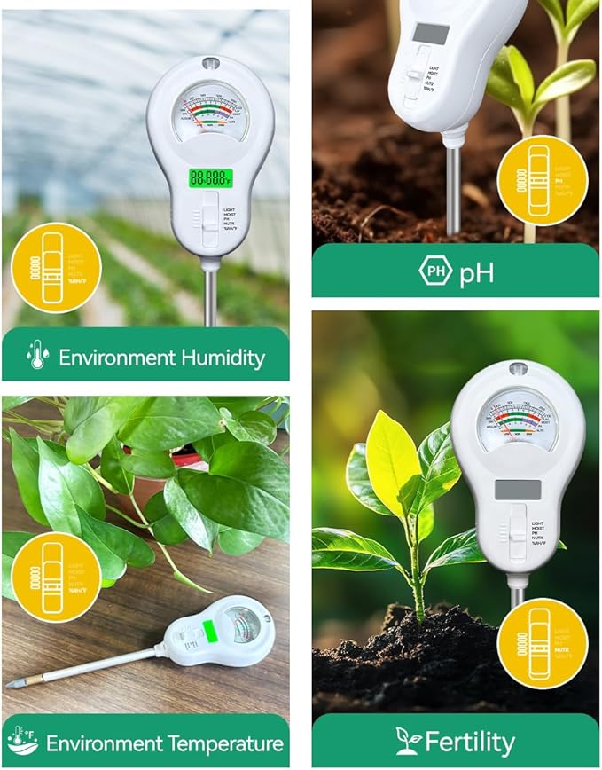 6-in-1 Soil Moisture Meter, pH Tester, Soil Moisture, Fertility, Sunlight, Temperature, Humidity, with Detachable Probe, for Agriculture, Gardening, and Outdoor Plants (Include 3* Detachable Probes)