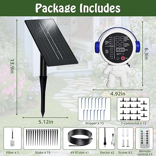 Solar Drip Irrigation System for Garden/Outdoor/Indoor, Garden Solar Automatic Watering System for 15 Potted Plants, Vacation Automatic Plant Waterer Outdoor with 2500mAh Battery, 50Ft Tube